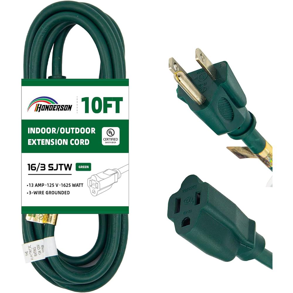 HONDERSON 10 Ft Outdoor Extension Cord-16/3 SJTW Durable Green Extension Cable with 3 Prong Grounded Plug for Safety