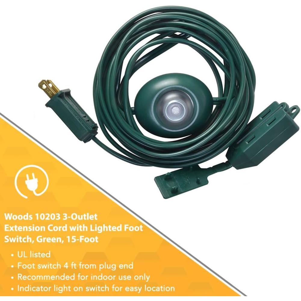 Coleman Cable Woods 10203 Indoor Extension Cord With Lighted Foot Switch And 3 Outlets (15Ft, Green)