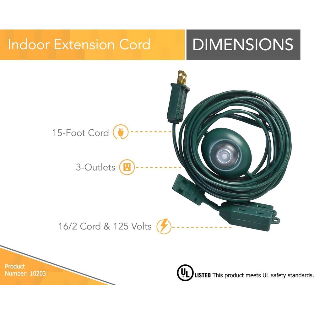 Coleman Cable Woods 10203 Indoor Extension Cord With Lighted Foot Switch And 3 Outlets (15Ft, Green)