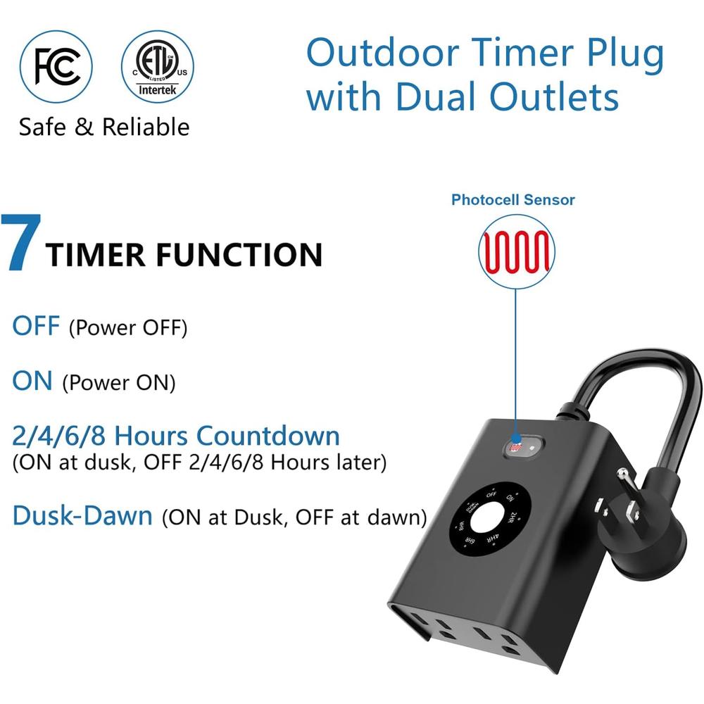 New One Outdoor Timer Lights Sensor Dusk to Dawn Waterproof Light Timer Plug 2 Outlets Weatherproof Countdown for Garden Courty