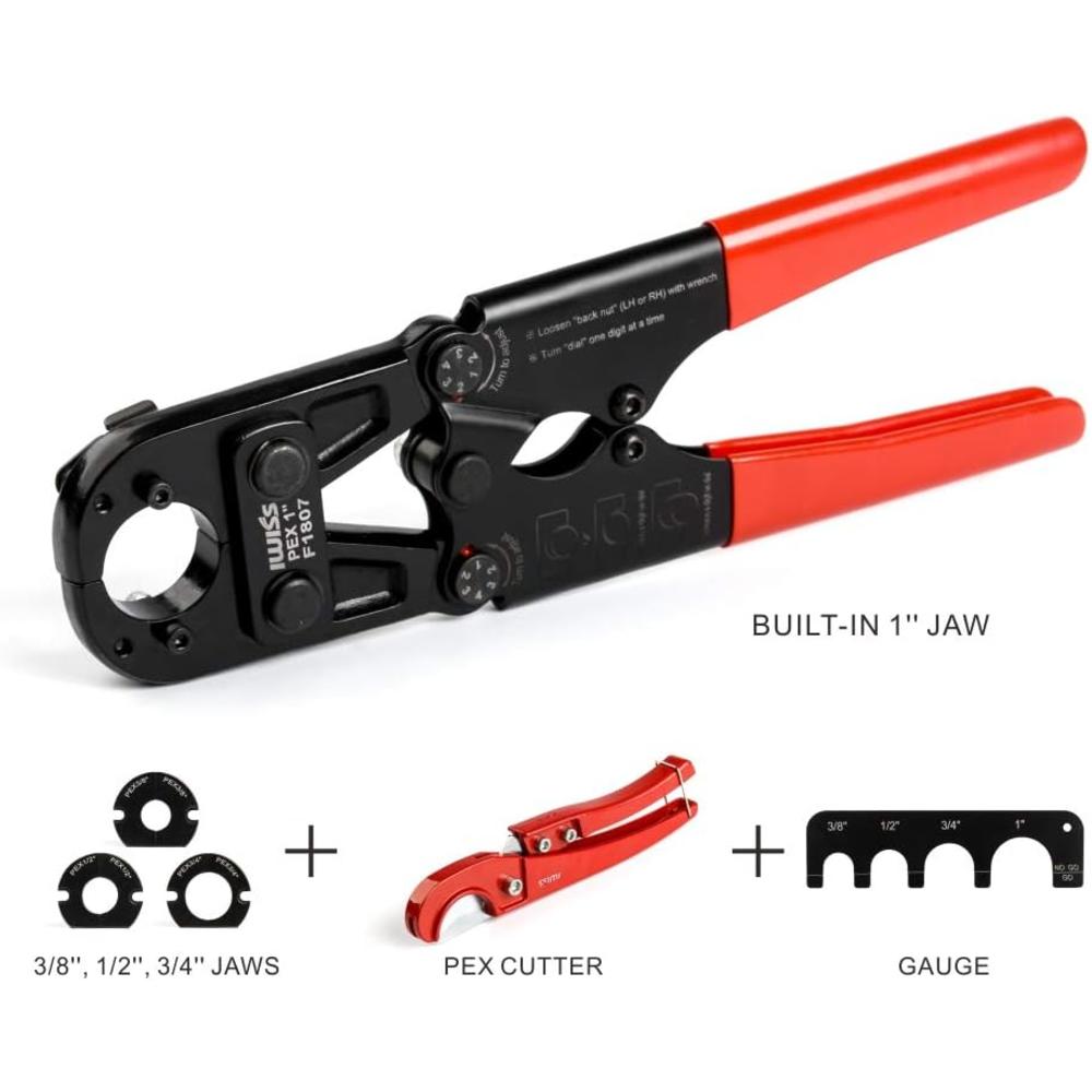 ZHEJIANG IWISS ELECTRIC CO.,LT IWISS PEX Crimping Tool Kit for 3/8 inch, 1/2 inch, 3/4 inch, 1 inch Pex Copper Crimp Rings, c/w PEX Cutter,Go-no-go Gauge, Mee