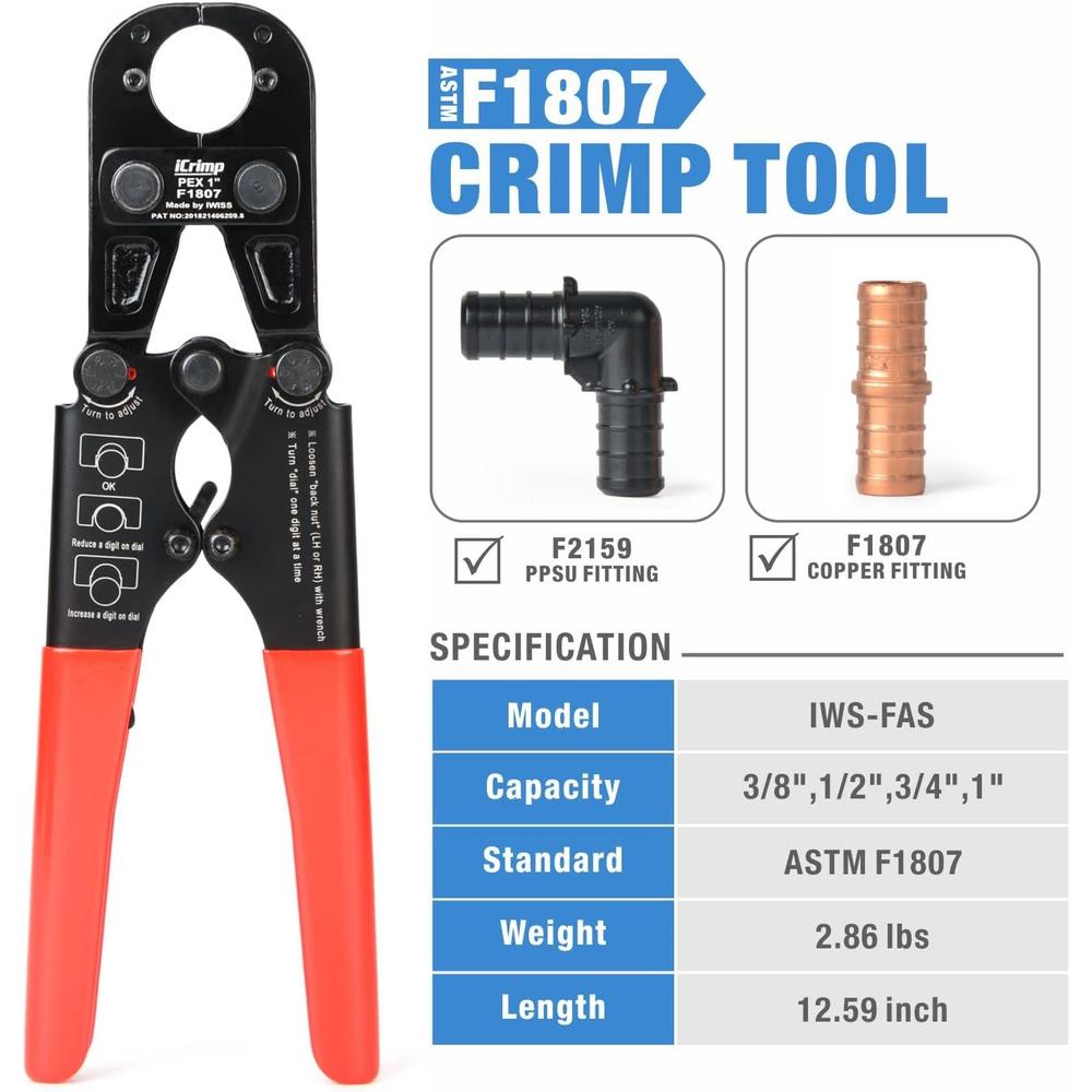 ZHEJIANG IWISS ELECTRIC CO.,LT IWISS PEX Crimping Tool Kit for 3/8 inch, 1/2 inch, 3/4 inch, 1 inch Pex Copper Crimp Rings, c/w PEX Cutter,Go-no-go Gauge, Mee