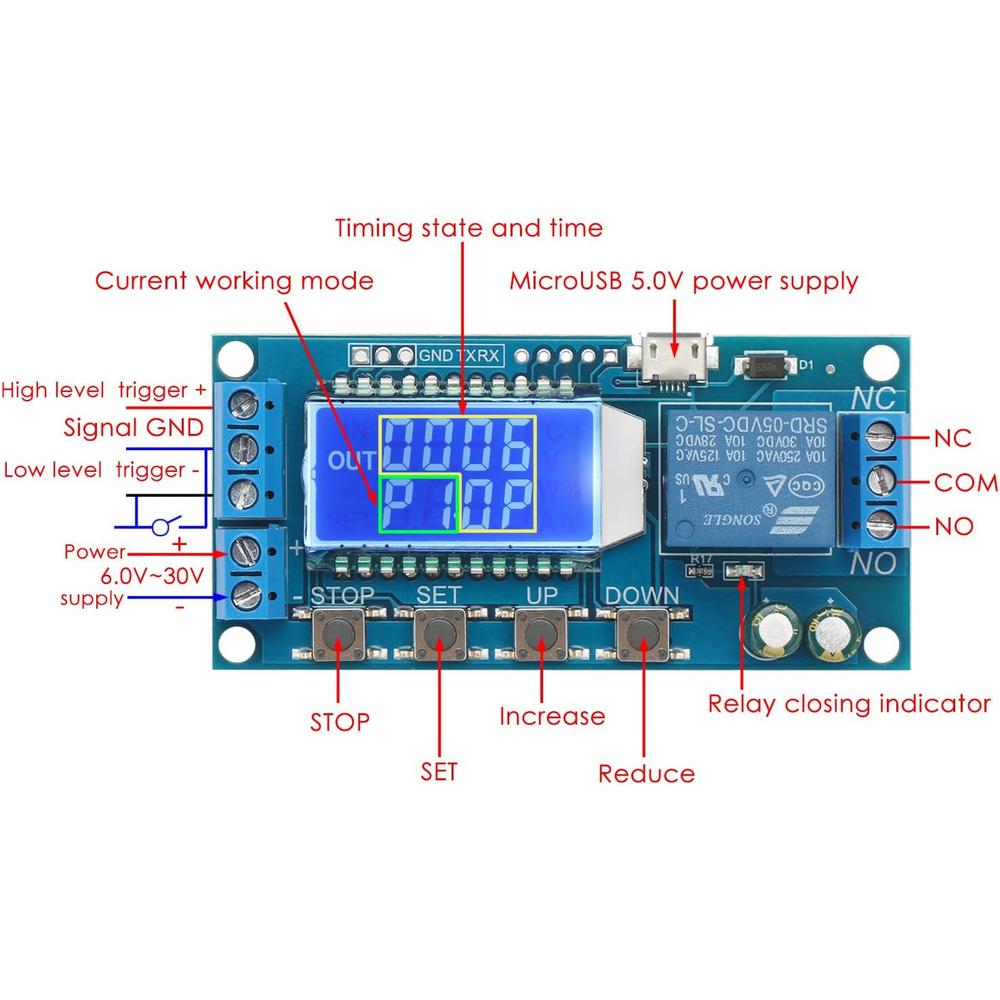 DROK Timer Relay,  Time Delay Relay DC 5V 12V 24V Delay Controller Board Delay-off Cycle Timer 0.01s-9999mins Trigger Delay Switchin