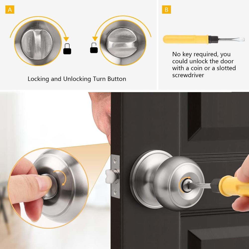 Probrico Privacy Interior Door Knobs Bed and Bath Handles Keyless Sain Nickel Locksets, 6 Pack