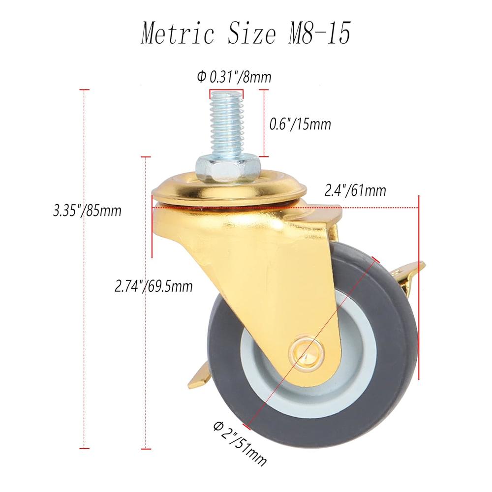 Generic 2" Threaded Stem Caster Wheels Swivel Casters with Brake, Metric Size M8-15 (Screw Diameter 8mm, Screw Length 15mm) Caster