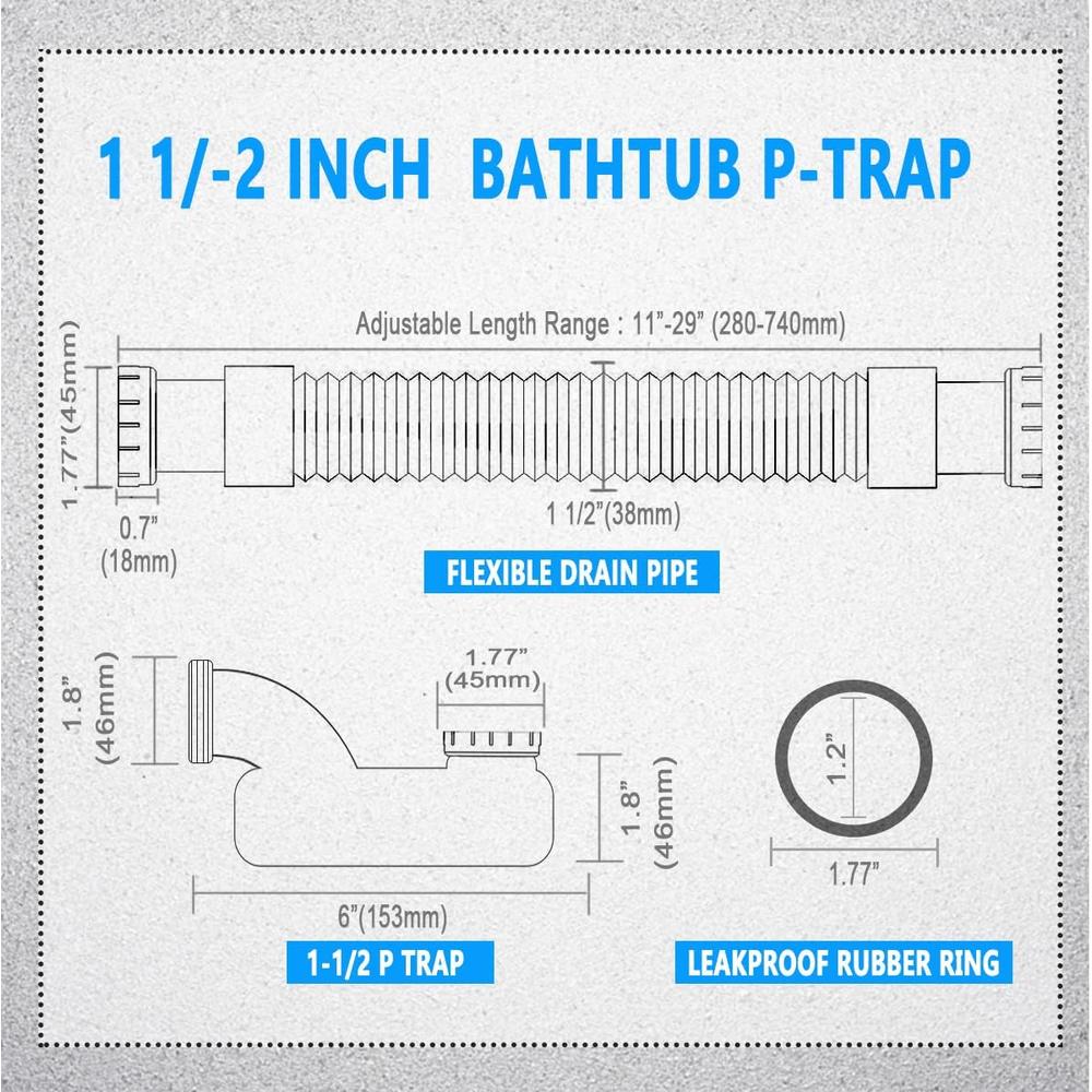 Cinsda Low Profile 1 1/2 P Trap, Flexible Bathtub Shower Drain Pipe, Flat P Trap Freestanding Tub Drain for Bath