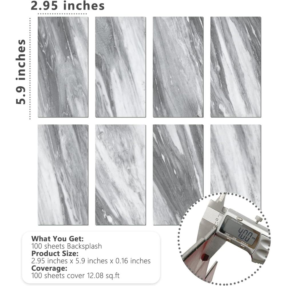 STICKGOO Direct STICKGOO 100-Pieces Peel and Stick Backsplash PVC Wall Tile, 6" x 3" Bardiglio Gray Marble Subway Stick on Backsplash