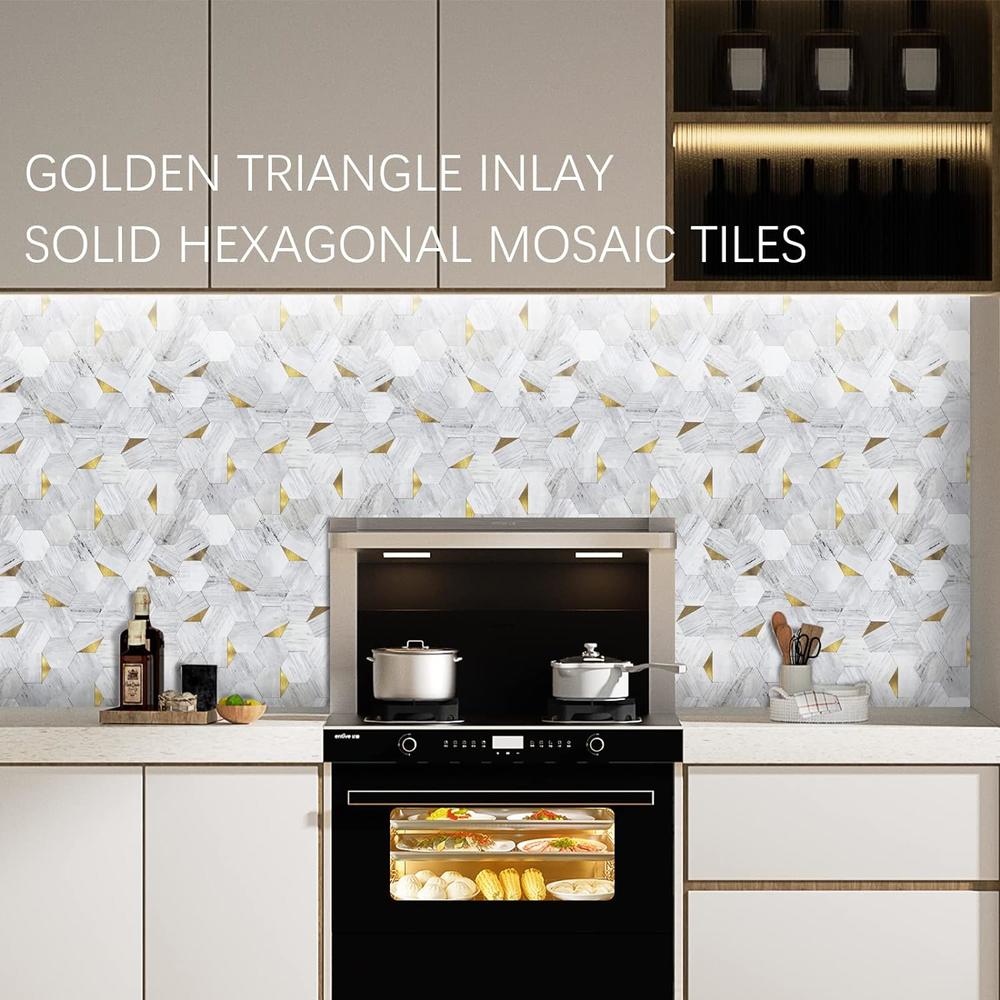 Midcard 10 Seamless Hexagonal Tiles with Peel and Stick Backsplash, PVC Mosaic Tiles for Kitchens and Bathrooms