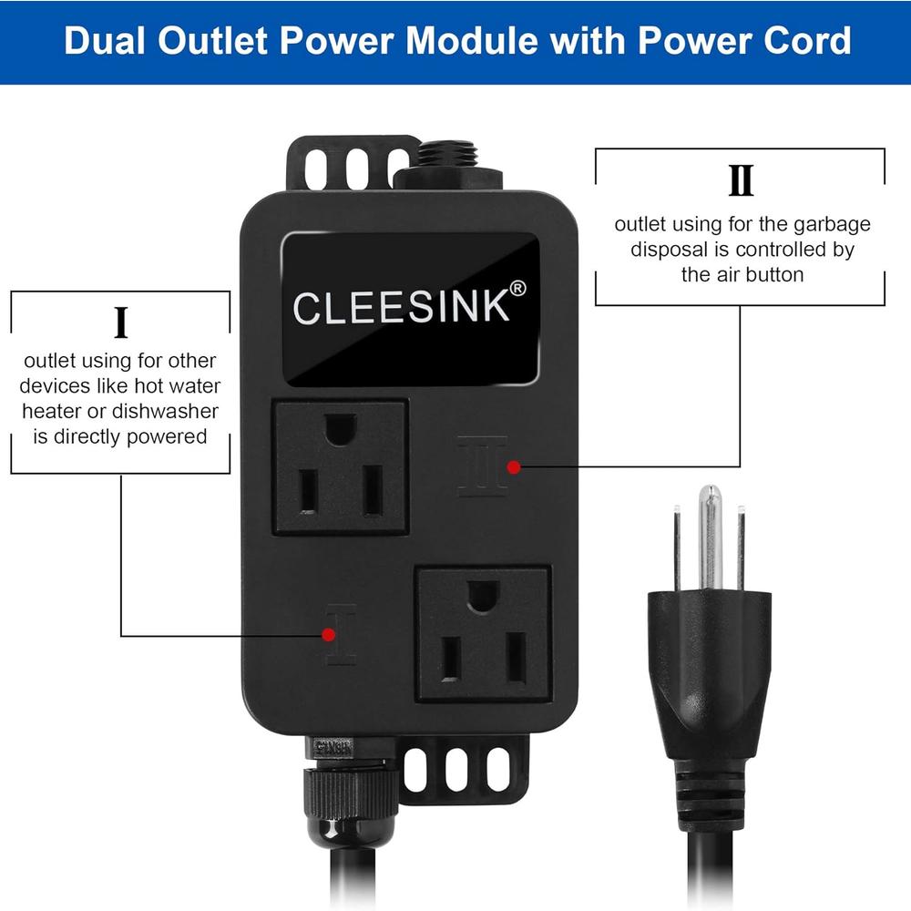Cleesink Garbage Disposal Air Switch Kit Dual Outlet Sink Top Waste Disposer On/Off Switches with ABS Power Module Long Stainless Steel