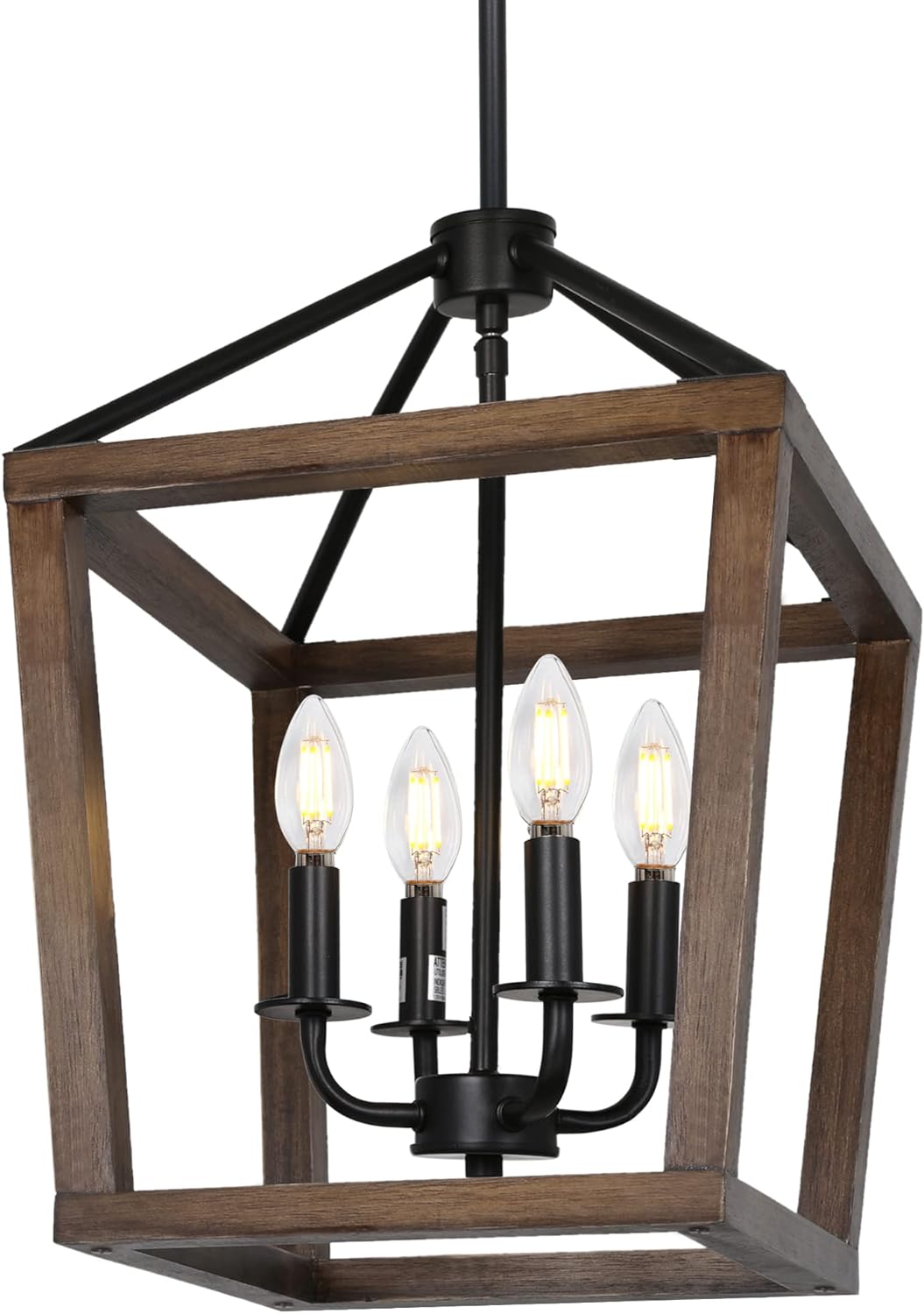 Hykolity 4-Light Rustic Chandelier, Classic Lantern Pendant Light with Oak Wood and Iron Finish, Farmhouse Lighting Fixtures for Dining