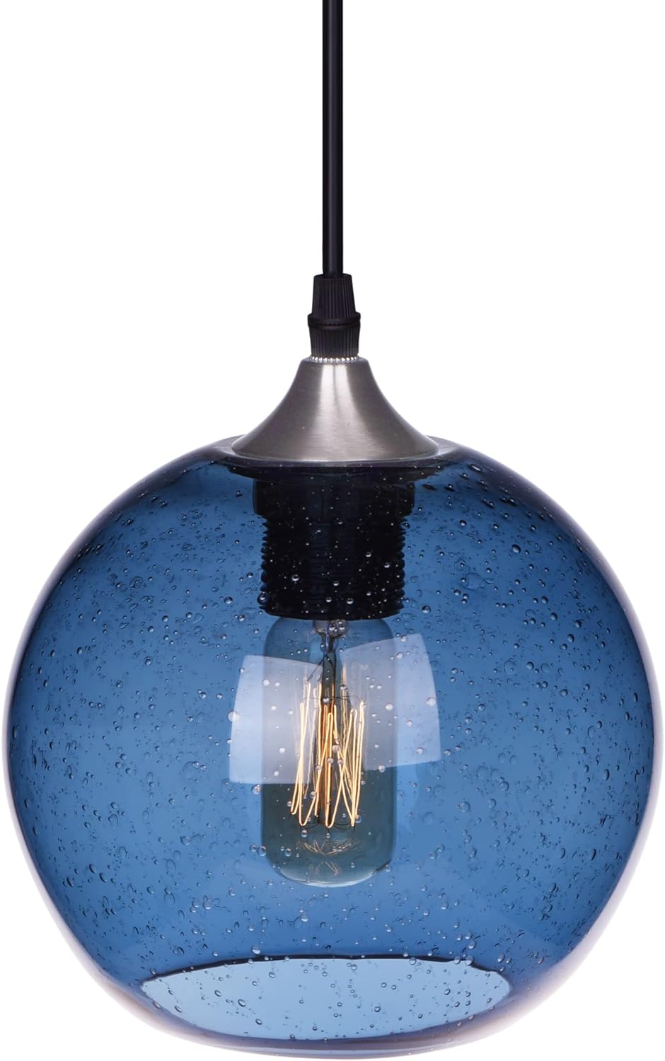 ARIAMOTION Pendant Lights Kitchen Island Hand Blown Glass Modern Light Fixtures Ceiling Hanging Blue Globe Seeded Bubbles Brushed Nickel 7