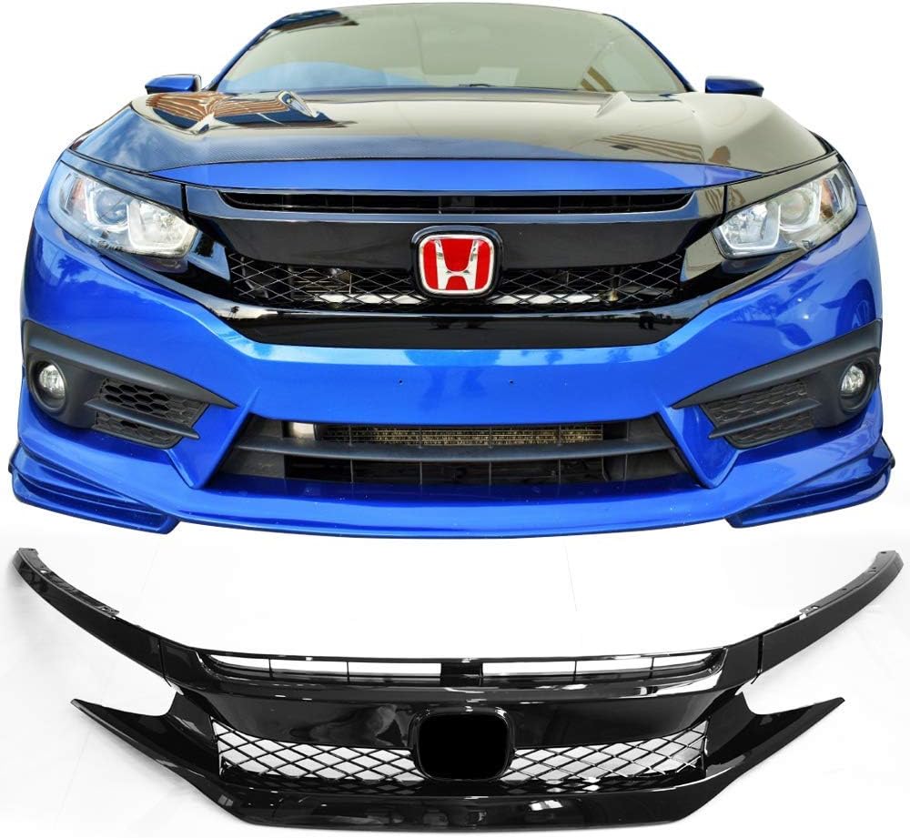IKON MOTORSPORTS , Front Grille Compatible With 2016-2021 Honda Civic, Type R Style Gloss Black Mesh Grill Guards Hood ABS Plastic, 2017 2018 20