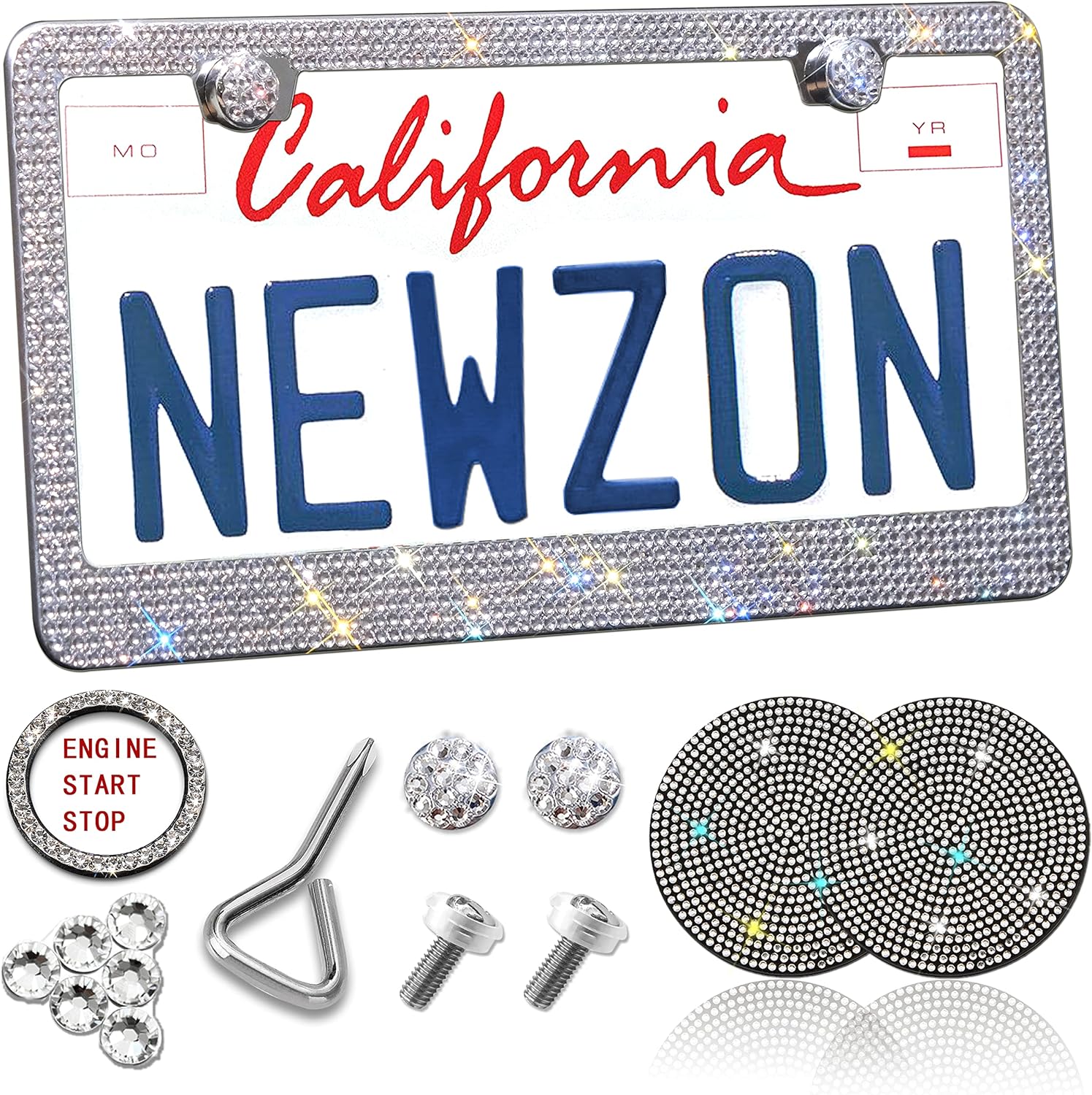 Newzon Bling License Plate Frame for Women 1 Pack, Sparkly Bedazzled Diamond License Plate Frame, White Rhinestone License Plate Frame
