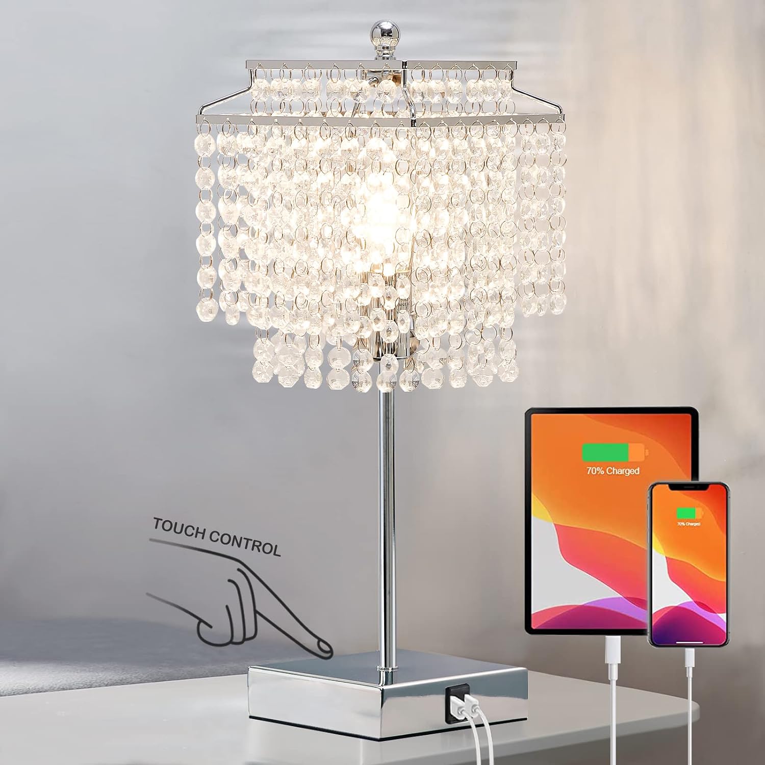 Luvkczc Crystal Table Lamp with Touch Control, USB Bedside Crystal Table Lamp, 3-Way Dimmable Lamp with Crystal Shade for Bedroom, Livi