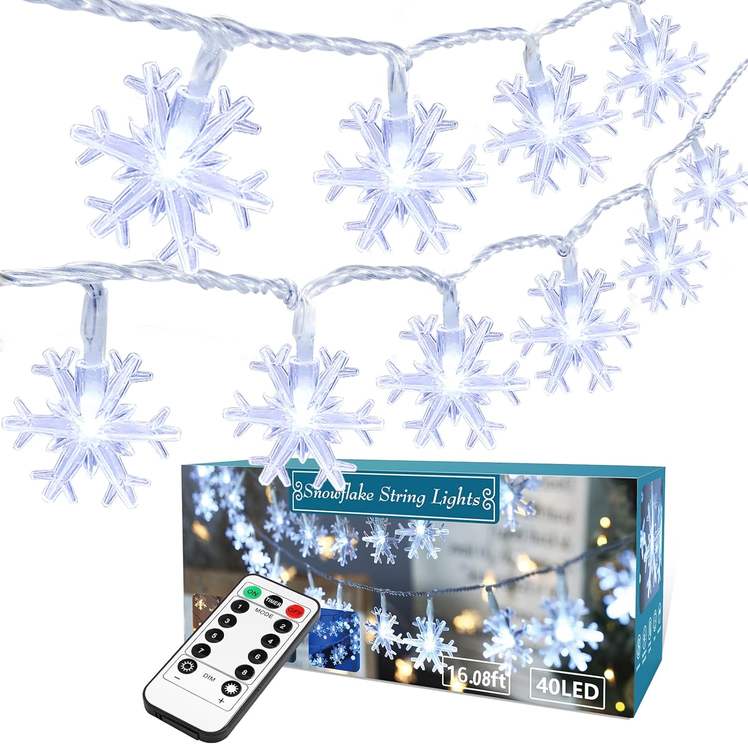 brizlabs Snowflake Christmas Lights, 16.08ft 40 LED Christmas Lights with Remote, Snowflake String Lights Battery Operated, 8 Modes Xmas