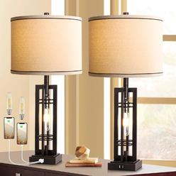 Rottogoon Set of 2 Table Lamps with USB Ports, 27.5" Tall Farmhouse Table Lamp with 2 LED Nightlight Blubs, Bedside Lamp Oil Rubbed