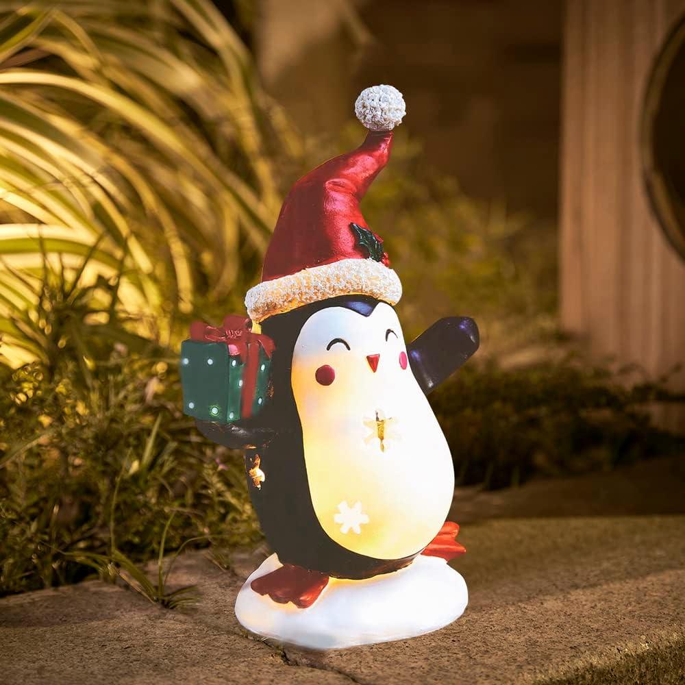 Larekook Christmas Statues Light Up, Penguin Christmas Collectible Figurines Resin Xmas Decorations Indoor Outdoor Waterproof Snowman an