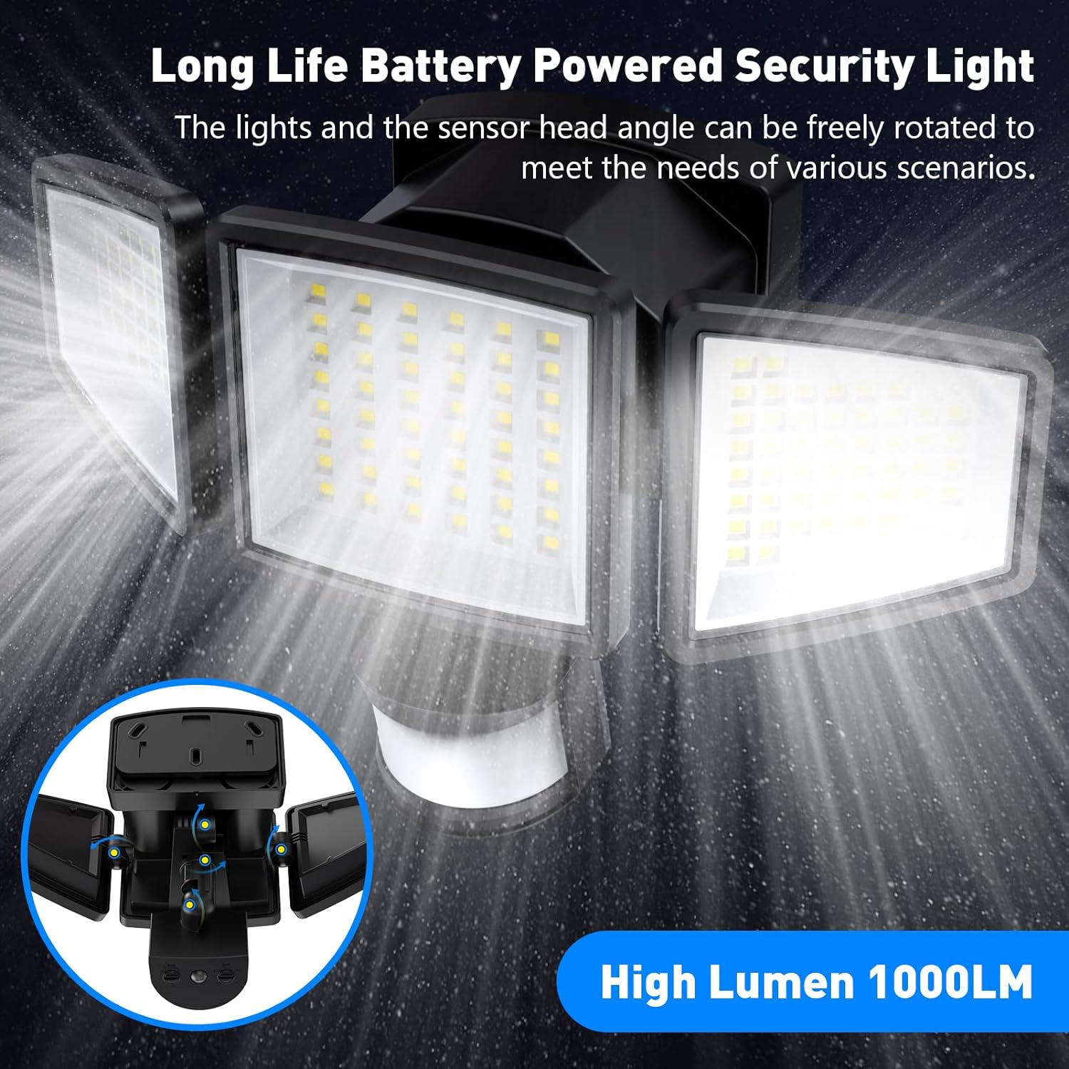 quncwl Motion Sensor Outdoor Lights Battery Powered - 1000LM Battery Operated LED Security Light - 5000K Flood Lights IP65 Waterproof