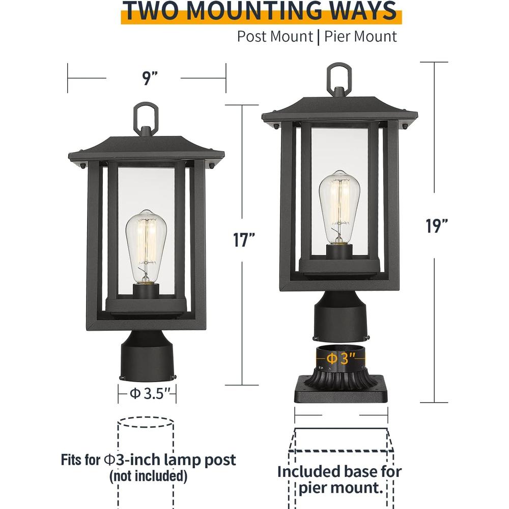 Beionxii Outdoor Post Lights, Large Exterior Lamp Post Light Fixture with Pier Mount Base, Black Cast Aluminum w/Clear Glass(19" H