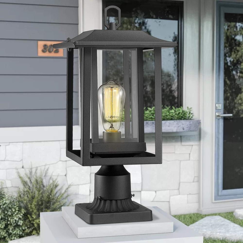 Beionxii Outdoor Post Lights, Large Exterior Lamp Post Light Fixture with Pier Mount Base, Black Cast Aluminum w/Clear Glass(19" H