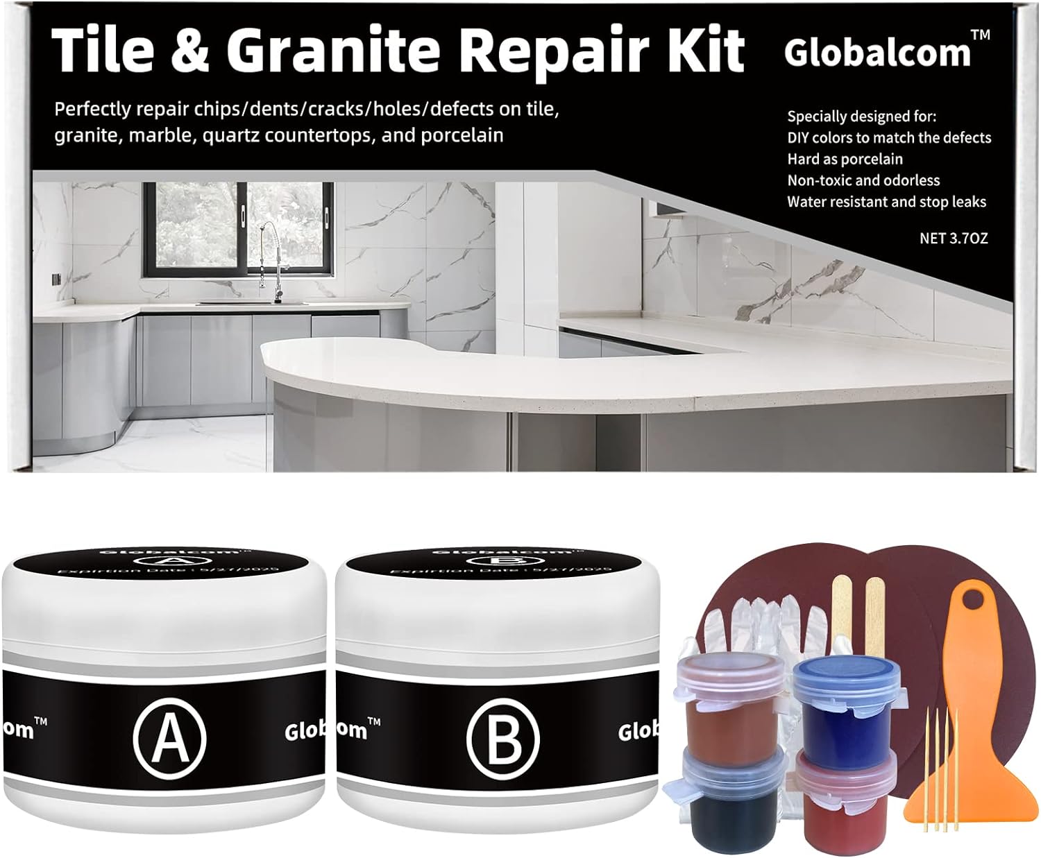 Globalcom Tile and Granite Repair Kit, Marble Repair Kit, Porcelain Stone and Quartz Countertops Repair Kit for Chips Dents Cracks Holes