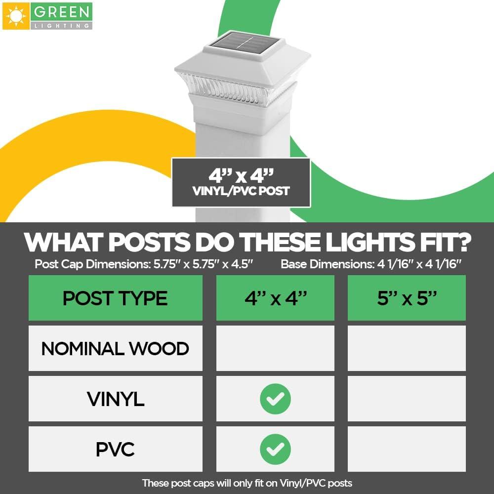 GreenLighting Standard #2 4x4 Solar Post Cap Lights - 4x4 Post Caps for Vinyl PVC Fence Solar Post Lights Outdoor Waterproof - Solar Deck Pos