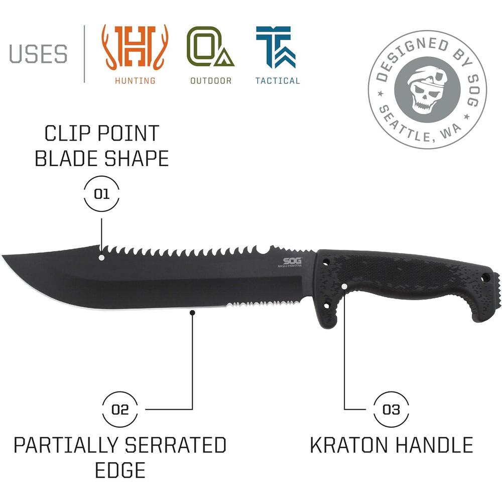 SOG Jungle Primitive Fixed Blade- Field and Camping Tactical Machete with Sheath for Clearing Brush, Full Tang Survival Knife 15.3