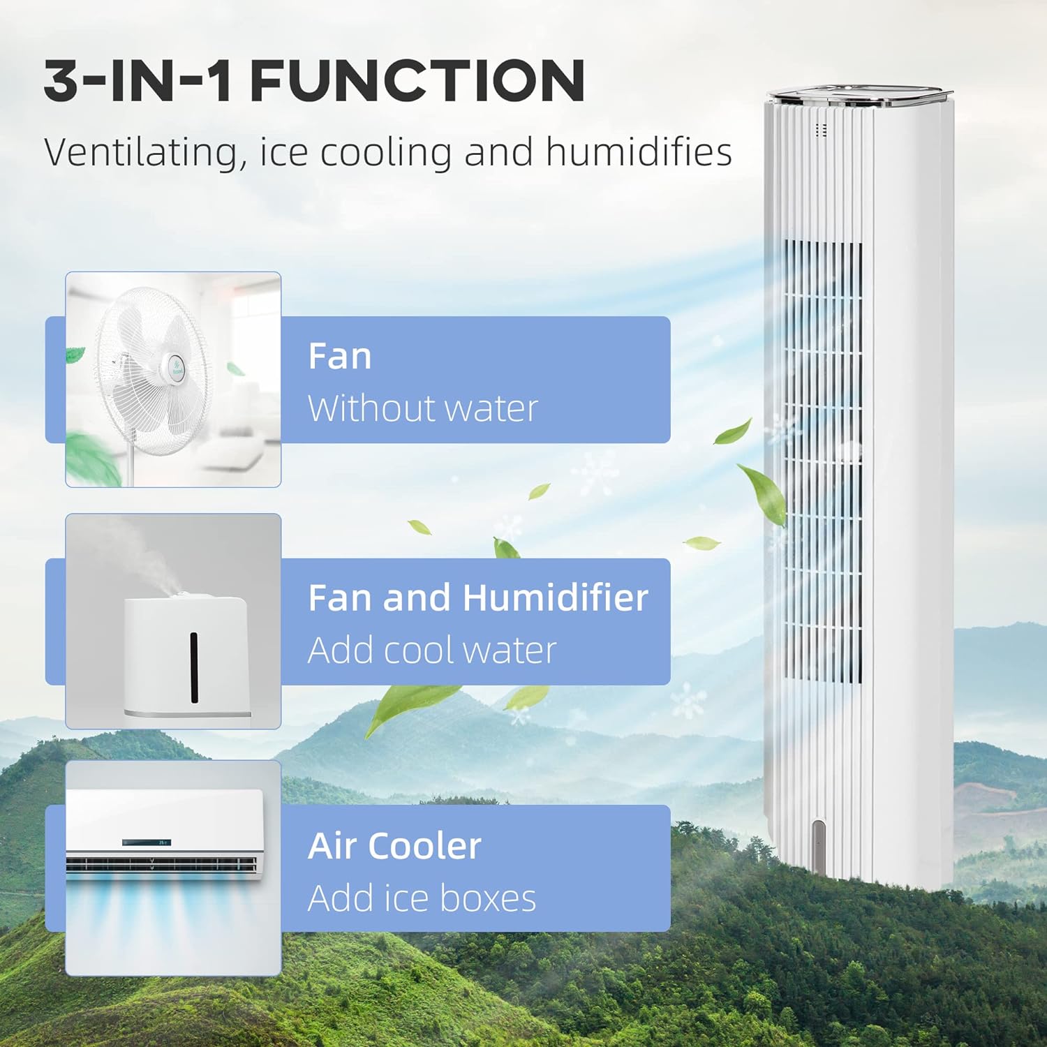 HomCom 42" 2-In-1 Portable Swivel Air Conditioner Humidifier Cooling Fan for Home Office with 3 Modes, 3 Speeds, Remote Control,