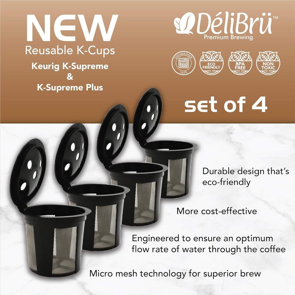 Generic Reusable K cups for Keurig Supreme and K Supreme Plus Coffee Makers, Keurig Supreme Reusable filter Delibru Reusable Pods [4 PA