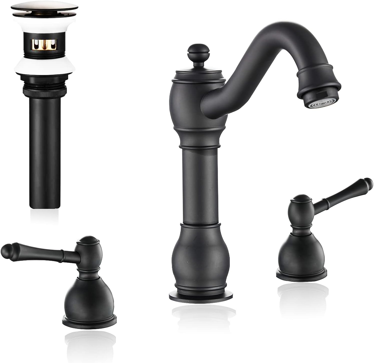 IBOFYY Matte Black Bathroom Sink Faucet, 8inch Two Handle Bathroom Faucet 3 Holes Solid Brass With Metal Pop-Up Drain Assembly (Matte