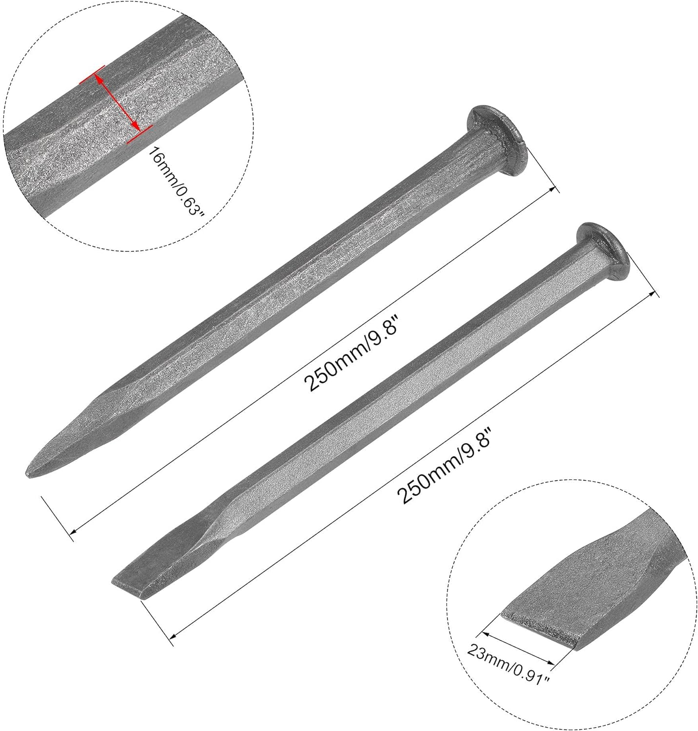 UXCELL Masonry Chisel for Rock 9.8" Flat+Pointed Carving Head Sand Blasting Medium Carbon Steel for Carving Stone Breaking Concre