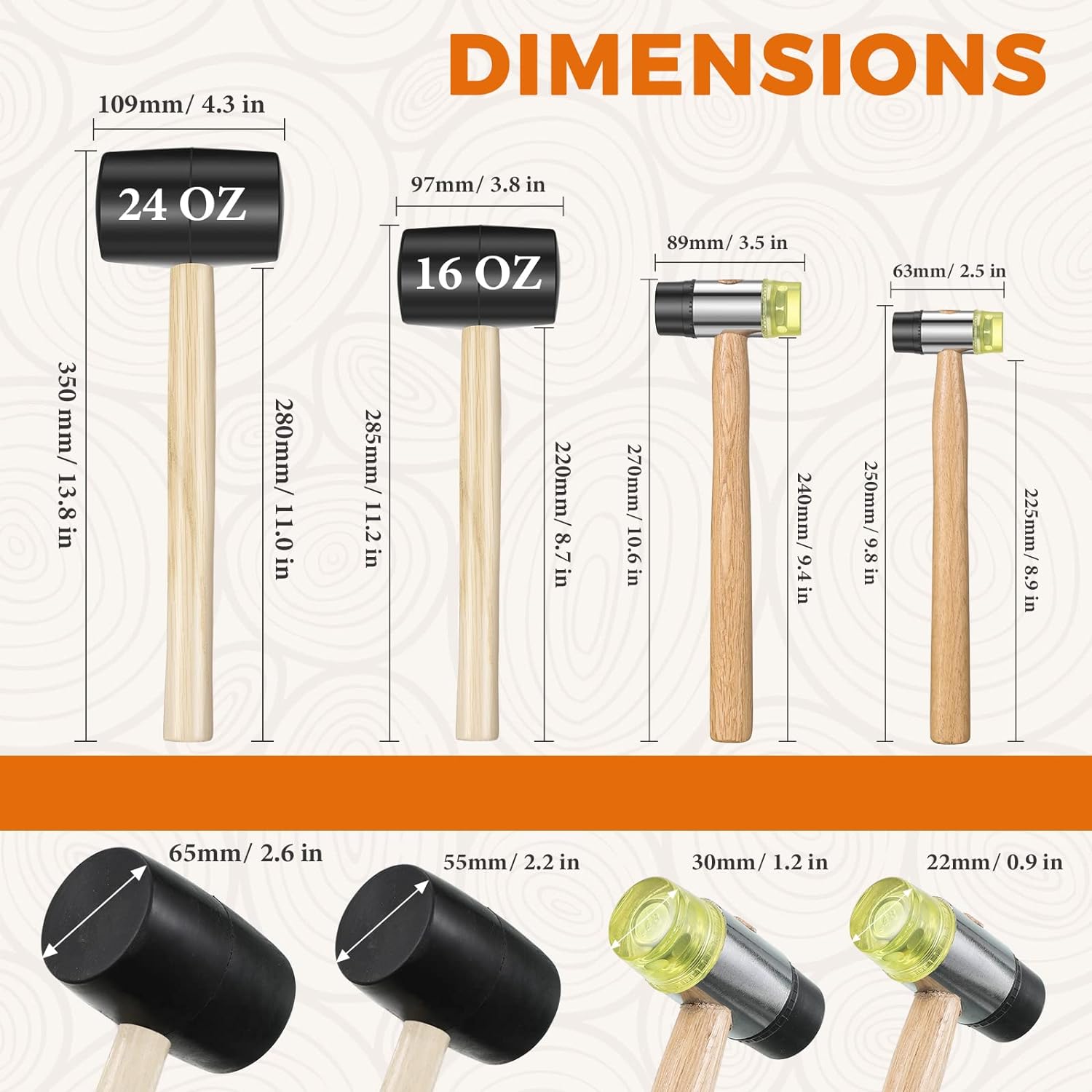 LEIFIDE 4 Pieces 16 oz/ 24 oz Rubber Mallet Hammer and 25 mm/ 35 mm Double Face Hammer, Rubber Hammer Soft Hammer Wood Handle Hammer fo