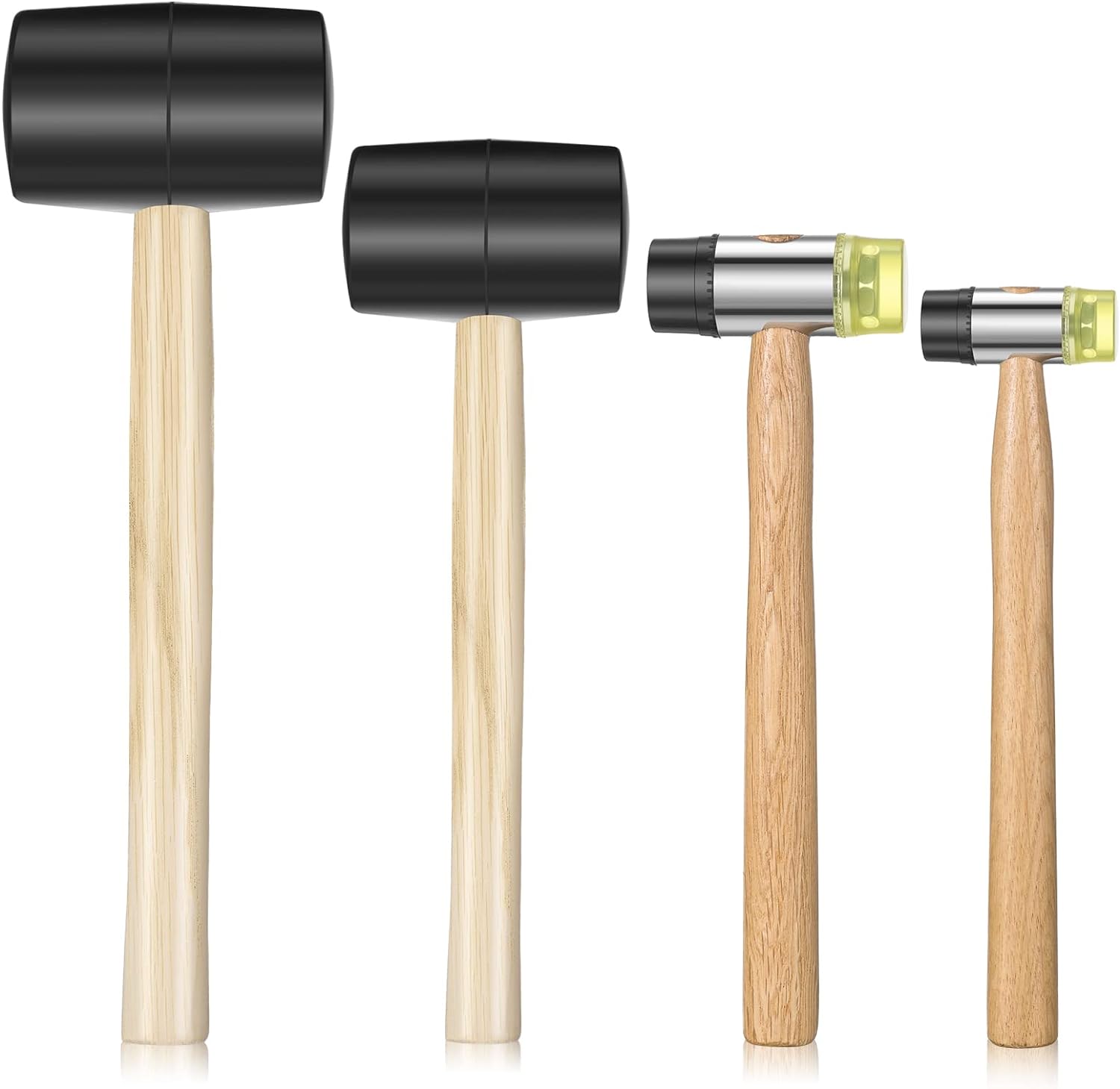 LEIFIDE 4 Pieces 16 oz/ 24 oz Rubber Mallet Hammer and 25 mm/ 35 mm Double Face Hammer, Rubber Hammer Soft Hammer Wood Handle Hammer fo