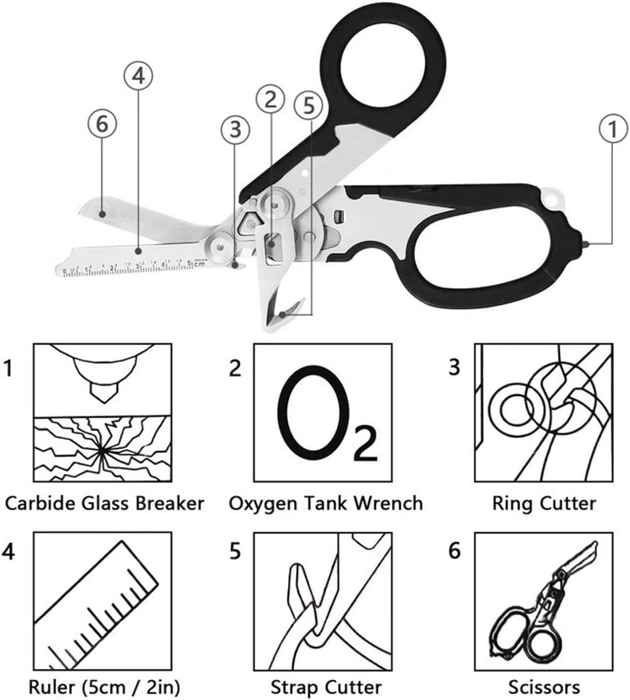 SHEH Emergency Shears,Trauma Shears Emergency Raptor Scissors Tool Stainless Steel with Strap Cutter and Glass Breaker.(Black)