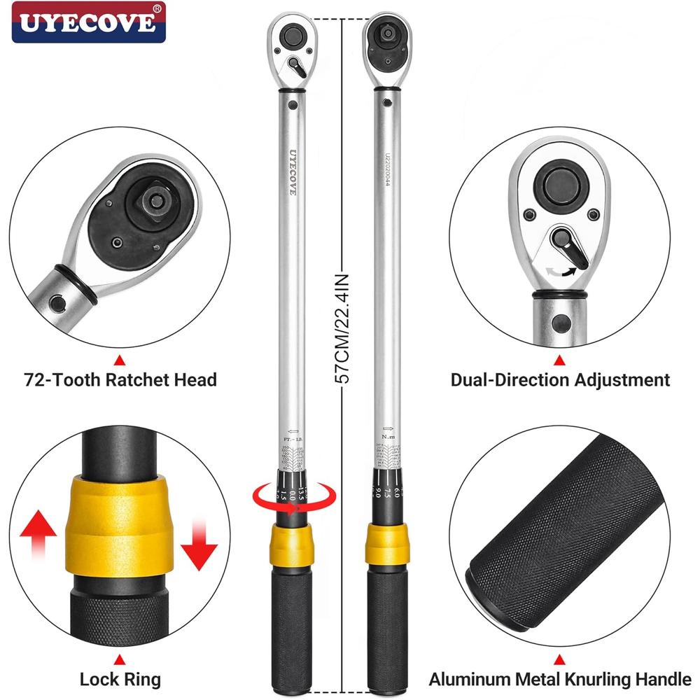 UYECOVE 1/2-Inch Drive Click Torque Wrench Set, 25-250 FT-LB/33.75-337.5Nm, with Extension Bar