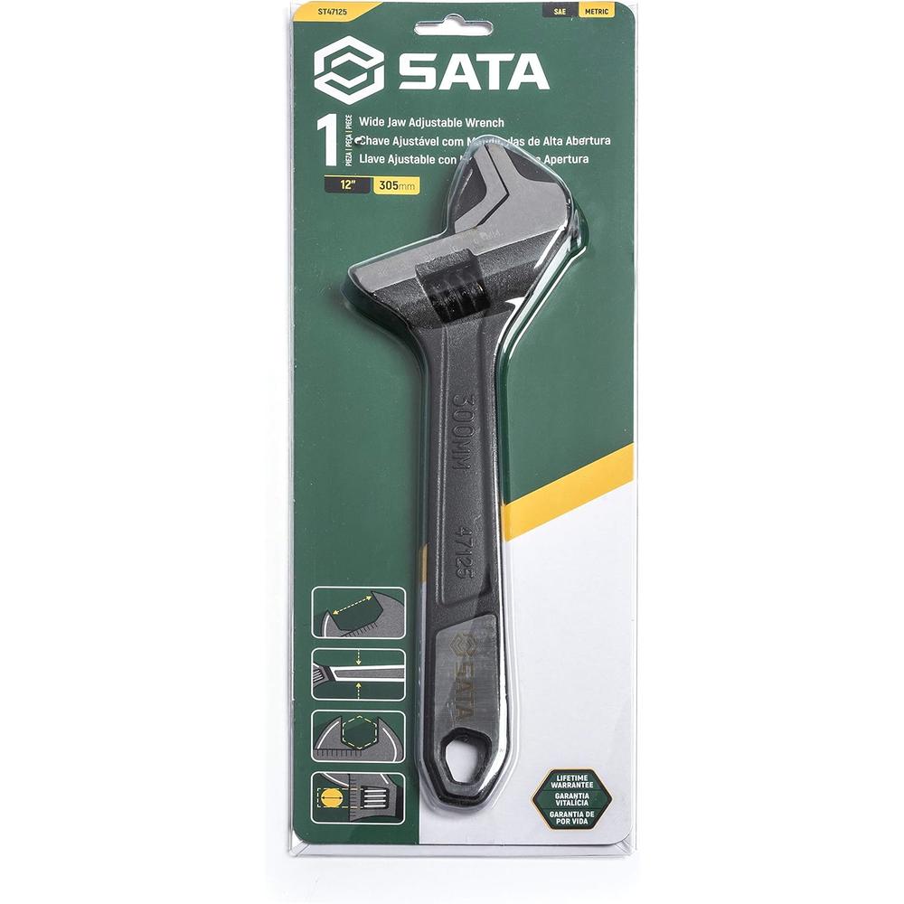 Sata 12-Inch Professional Extra Wide Jaw Adjustable Wrench with Forged Alloy Steel Body and a Chrome Plated Finish - ST47125