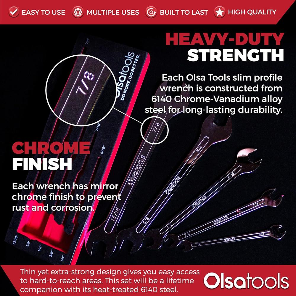 Olsa Tools 7pc Metric Slim Profile Wrench Set | Metric Thin Wrench Set | Flat Wrench Set | Mechanics Professional Grade Thin Wrench Set |