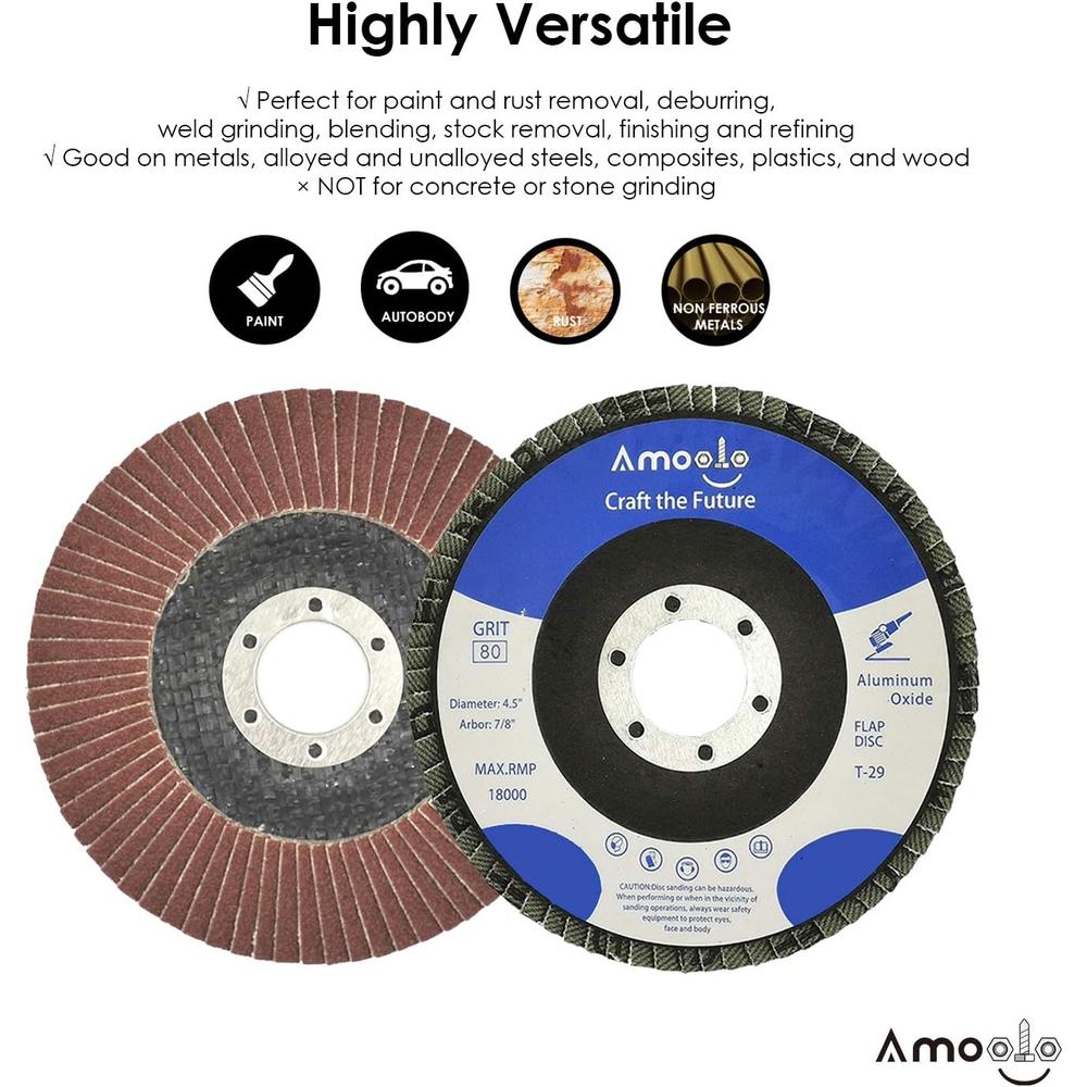 Amoolo 4.5 Inch Flap Discs, 10PCS-80 Grit Angle Grinder Sanding Discs, High Density Abrasive Grinding Wheels Type 29 for Metal/Wood Gr