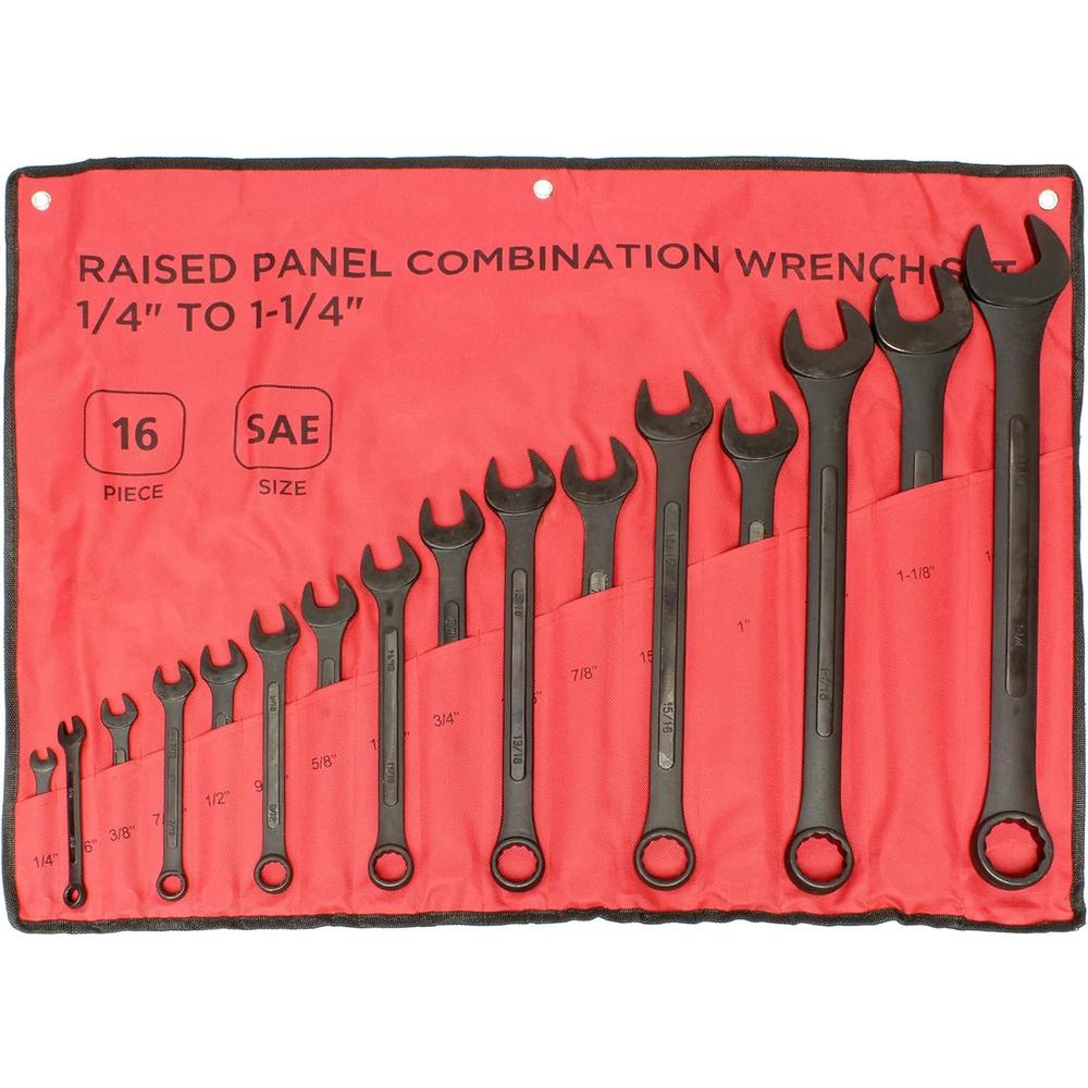 ABN Combination Wrench Set &#226;&#128;&#147; 16 Pc Raised Panel SAE Wrench Set with Wrench Roll Up Pouch, Black Spanne
