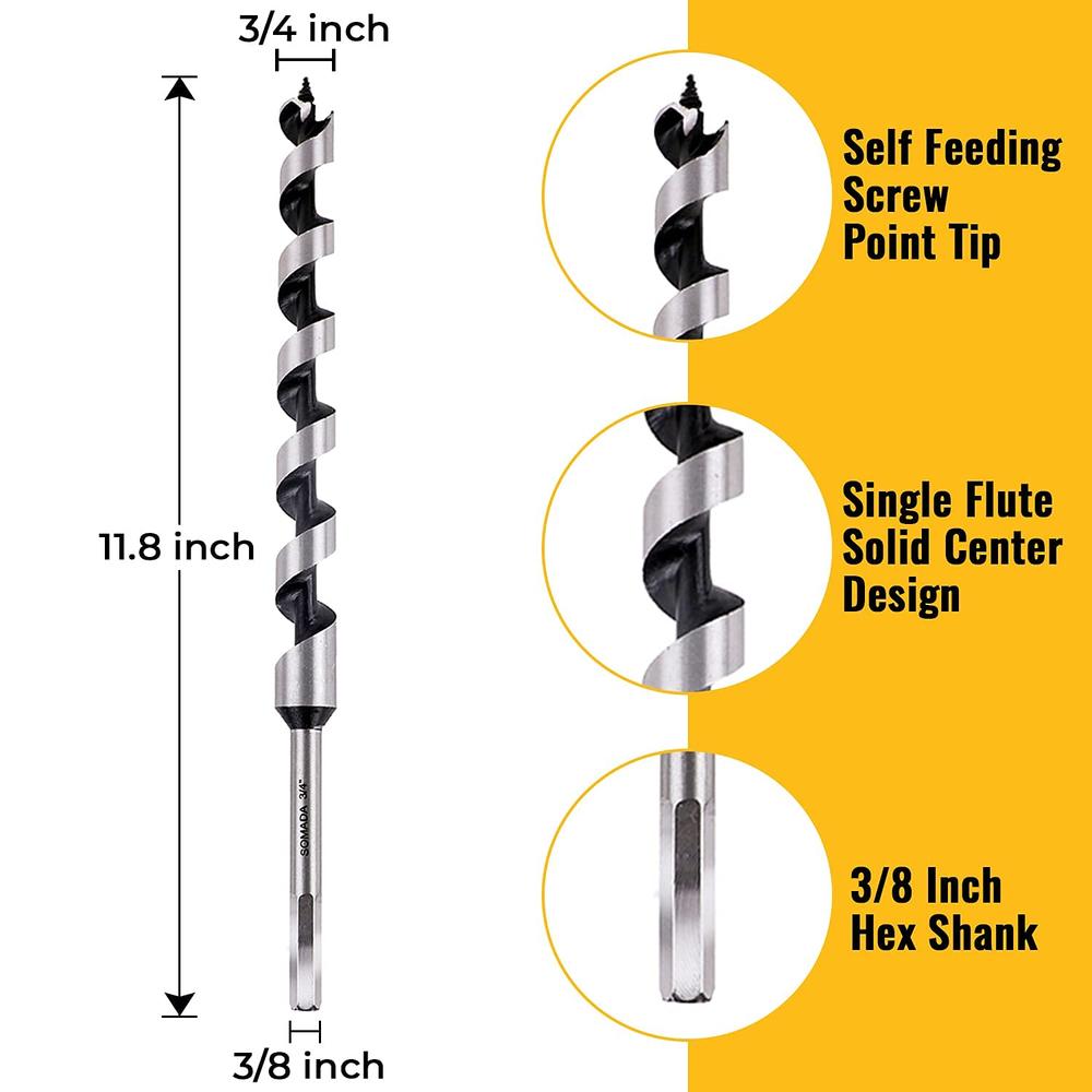 Generic SOMADA 3/4-Inch x 12-Inch Auger Drill Bit for Wood, Hex Shank 3/8-Inch, Ship Auger Long Drill Bit for Soft and Hard Wood, Plast