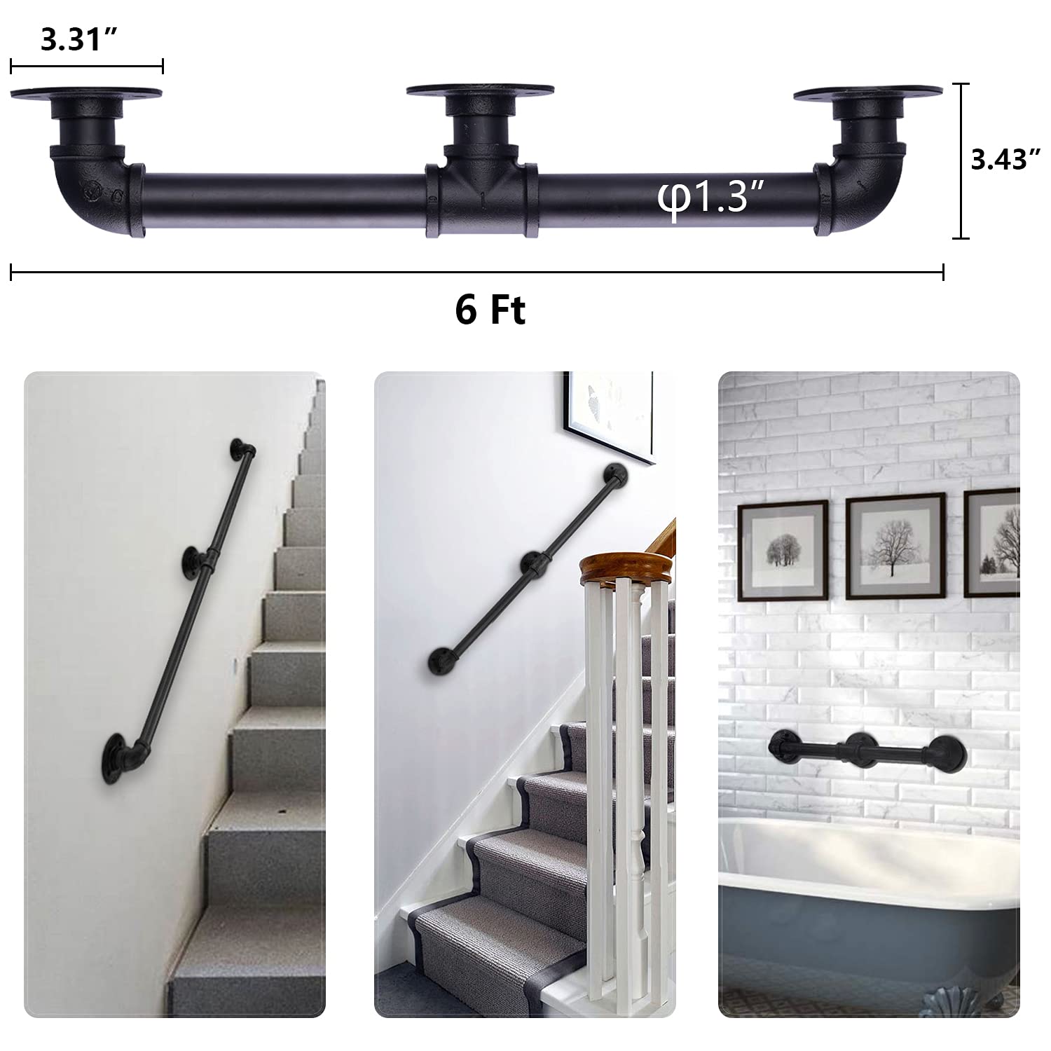 Generic Unilive Metal Industrial Pipe Stair Handrail, 6FT Staircase Handrail, Galvanized Industrial Pipe Railing Indoor