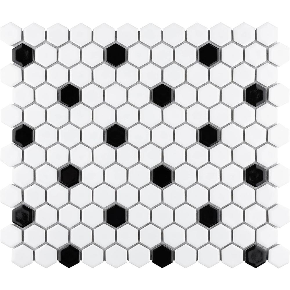 SomerTile Metro Hex Glossy White with Black Dot 10-1/4" x 11-7/8" x 6 mm Porcelain Mosaic Tile