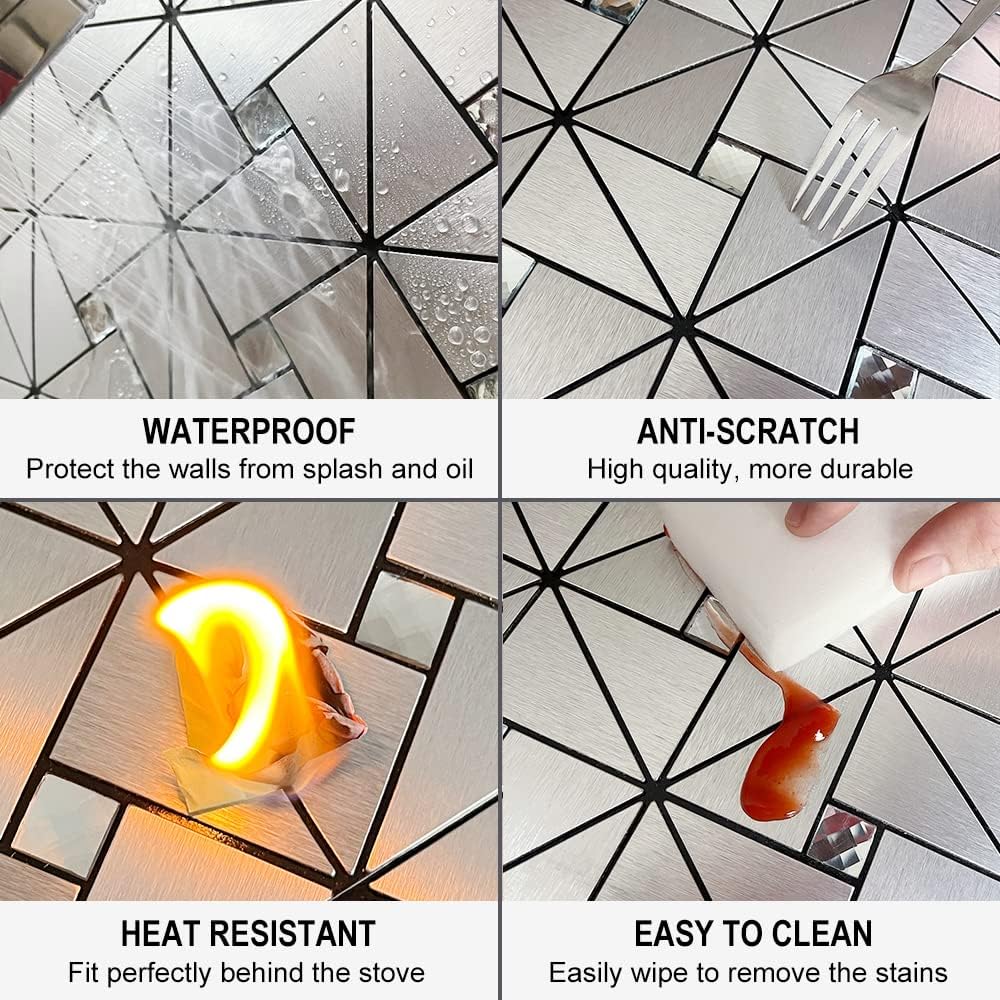 DICOFUN Direct DICOFUN 10-Sheet Peel and Stick Backsplash Metal Tile, Mixed Glass Self-Adhesive Mosaic Tiles, Stainless Steel Stick on Wall Ti