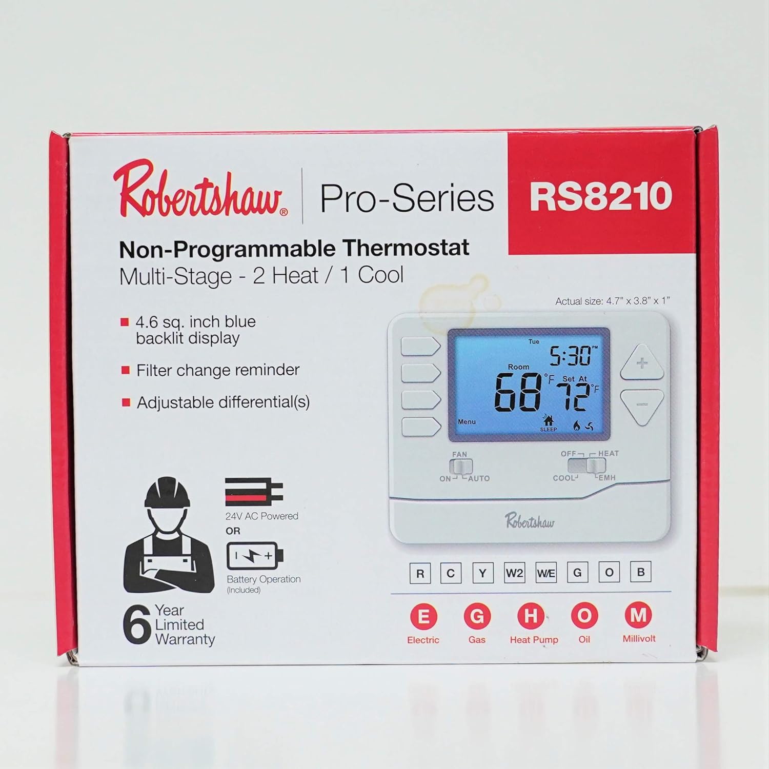 Robertshaw RS8210 Pro Series Non-Programmable Thermostat, Multi-Stage, 2 Heat / 1 Cool