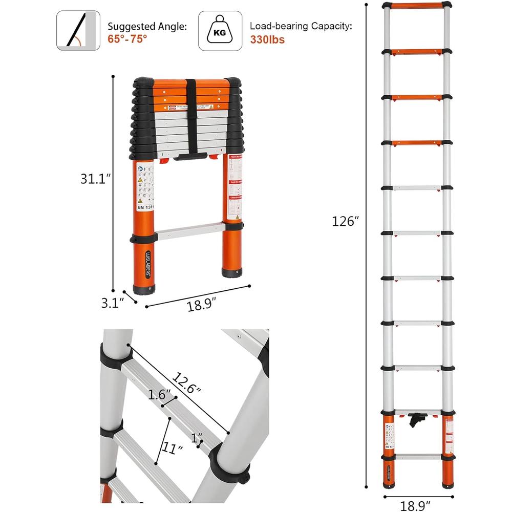 LUISLADDERS 10.5ft Telescoping Ladder Aluminum Telescopic Extension One-Button Retraction EN131 330 Pound Capacity Tall Multi Purpose
