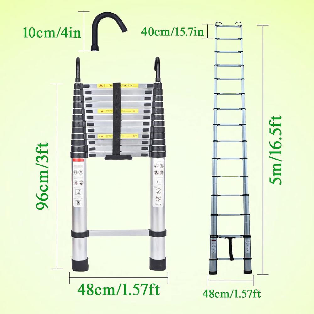 DICN Telescoping Ladder 16.5FT Extension Ladder Telescopic Ladder Loft Attic Collapsible Ladder with 2 Detachable Hooks Adjustable H