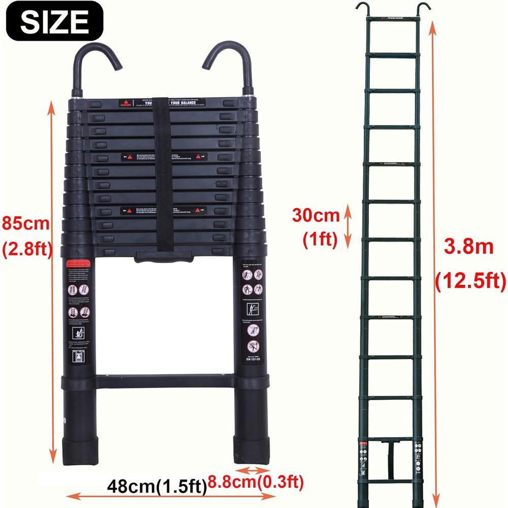 Autofather 3.8M/12.5FT Telescopic Ladder with Detachable Hook, Aluminium Attic Ladder Extendable Loft Ladder, Max Load 150kg, EN131 Standa