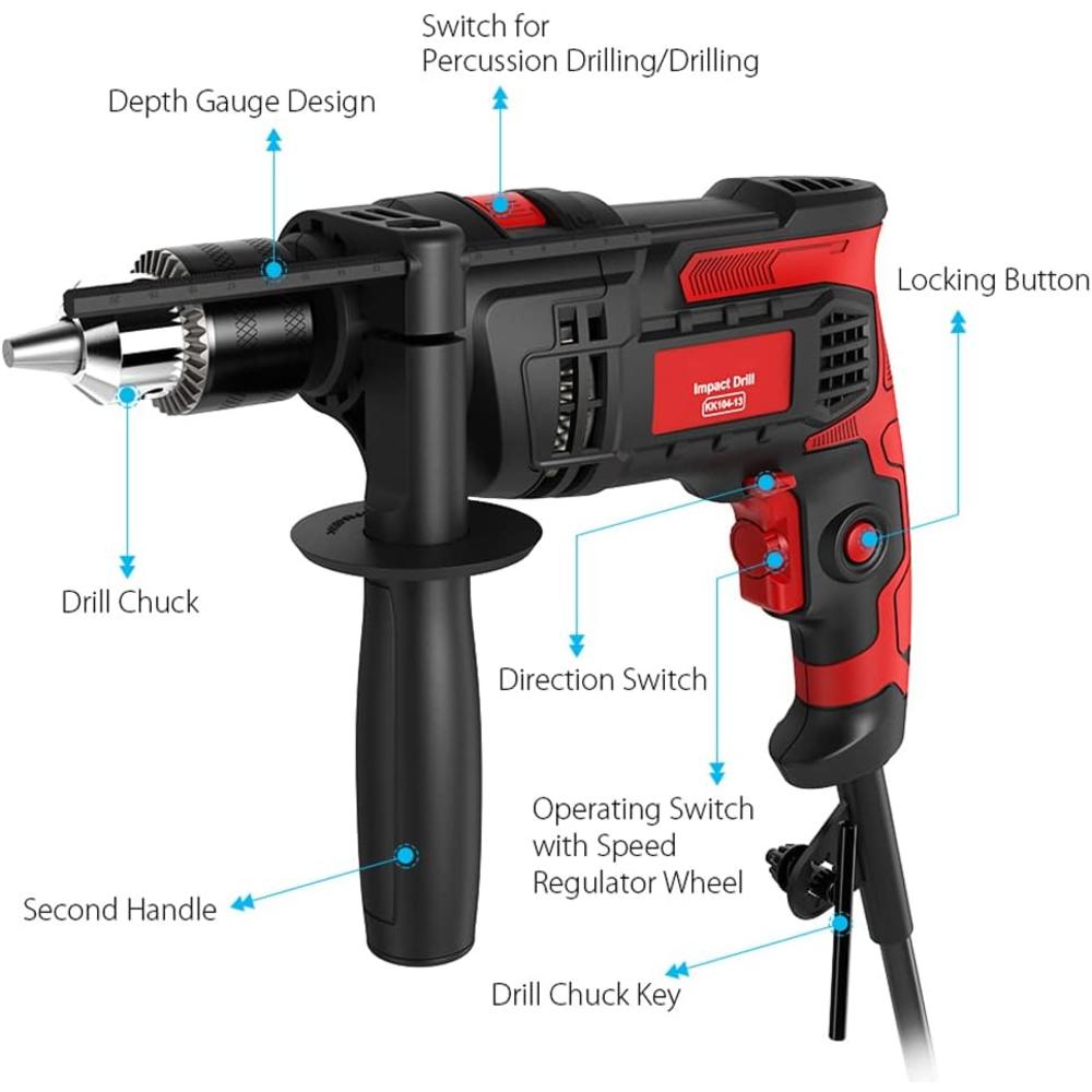 Vistreck Hammer Drill, 850W 3000RPM Impact Drill 7.0 Ampere 1/2 Inch Cable Drill Dual Switch, with Adjustable Speed for Steel, Concrete,