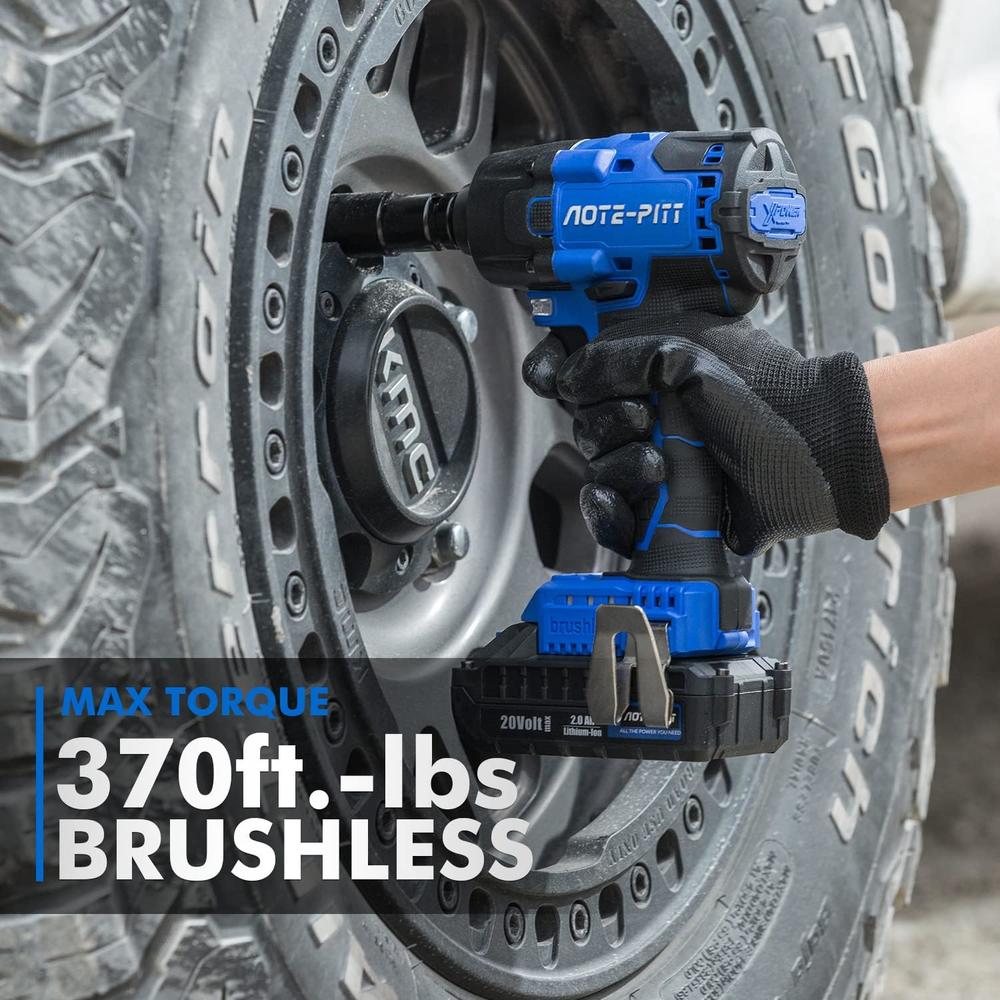 AOTE-PITT 20V 370 Ft-lbs Brushless Impact Wrench Kit, 1/2 Inch Cordless Electric Impact Gun, High Torque 3,400 IPM Impact Driver with 6 P