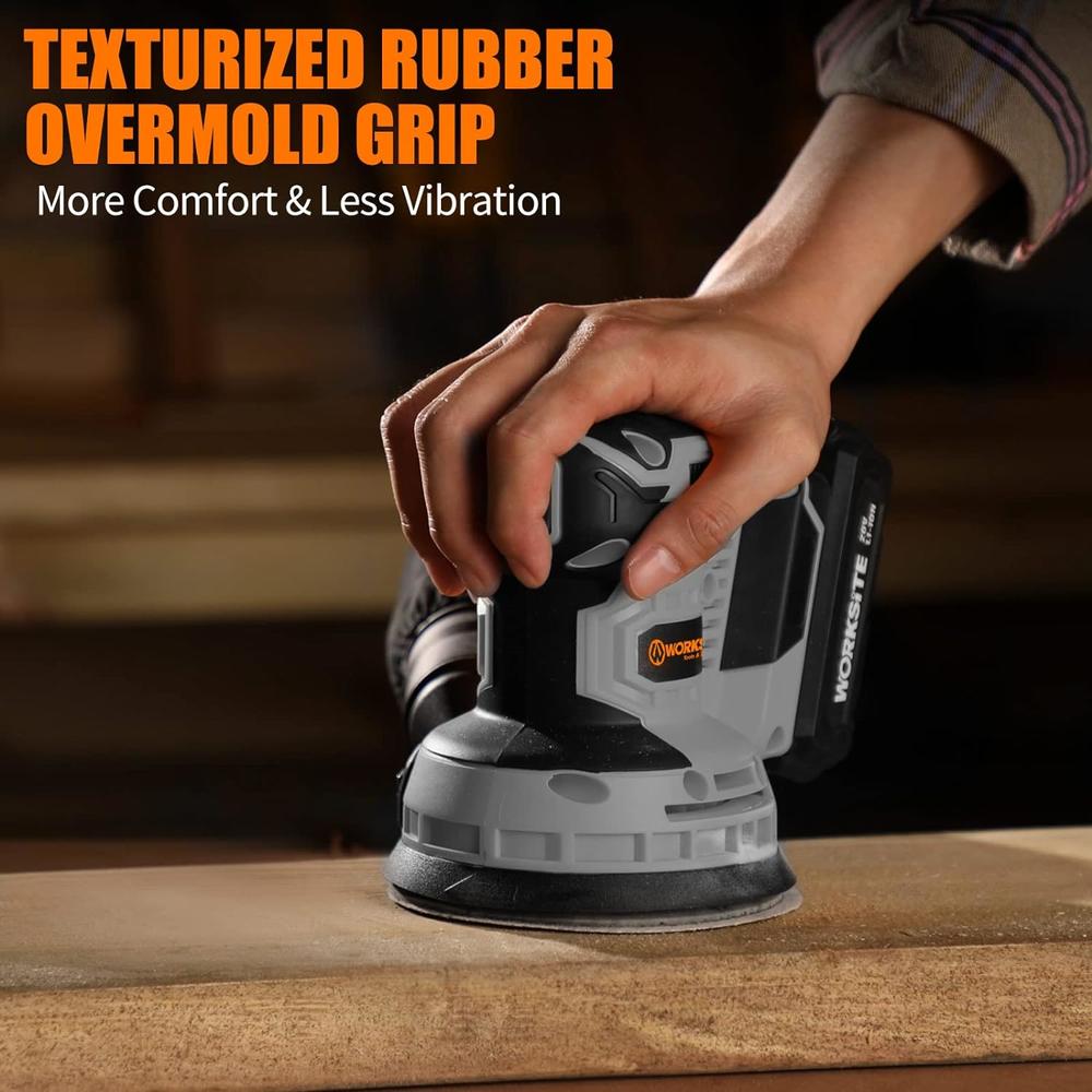 Worksite 20V MAX Cordless Random Orbital Sander, 5-Inch Variable Speed Orbital Sander w/2.0A Battery, Charger,Dust Collector and 30pcs S
